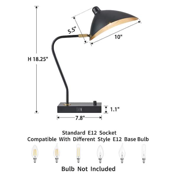 KAWOTI 18.25 in. Black Task Desk Lamp with USB Port, Adjustable