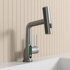 Single Handle Pull Out Sprayer Kitchen Faucet in Gray with LED Temperature Digital Display