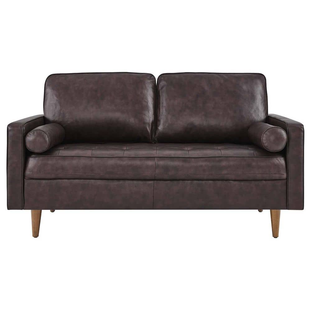 Valour Biscuit-Tufted Brown Faux Leather Loveseat with Walnut Wood Legs