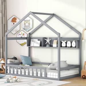 Gray Twin Size Wood House Bed with Fence, Roof and Storage Shelf