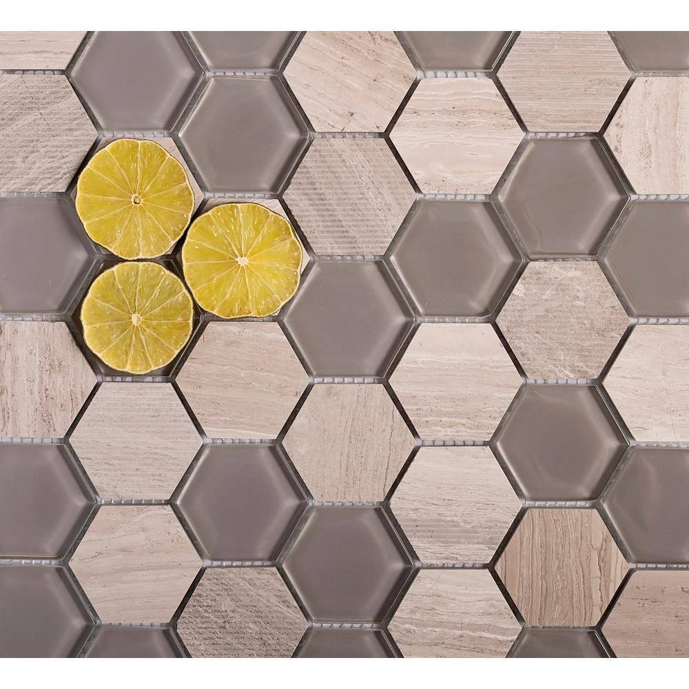 Gray Hexagon Glass and Marble Mosaic Tile for Walls and Floors