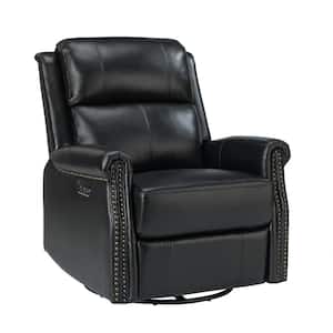 Kaletan Traditional Black Genuine Leather Power Sliding and Rocking Swivel Recliner Nursery Chair with Rolled Arms