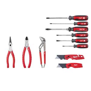 Screwdriver Set with Cushion Grip with FASTBACK Utility Knife and Compact Utility Knife and Pliers Kit (10-Piece)