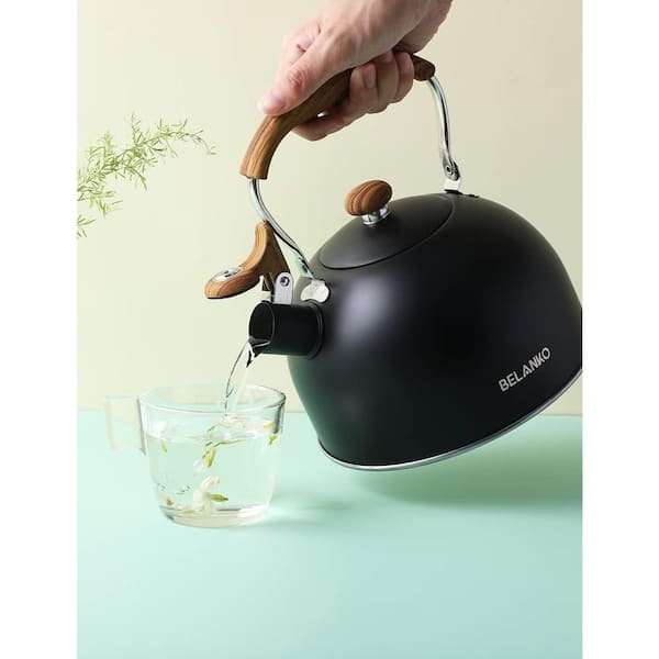 LONFFERY Tea Kettle, 2.5 Quart Whistling Tea Kettle, Tea Pots For Stove Top Food Grade Stainless Steel With Wood Pattern Folding Handle - White