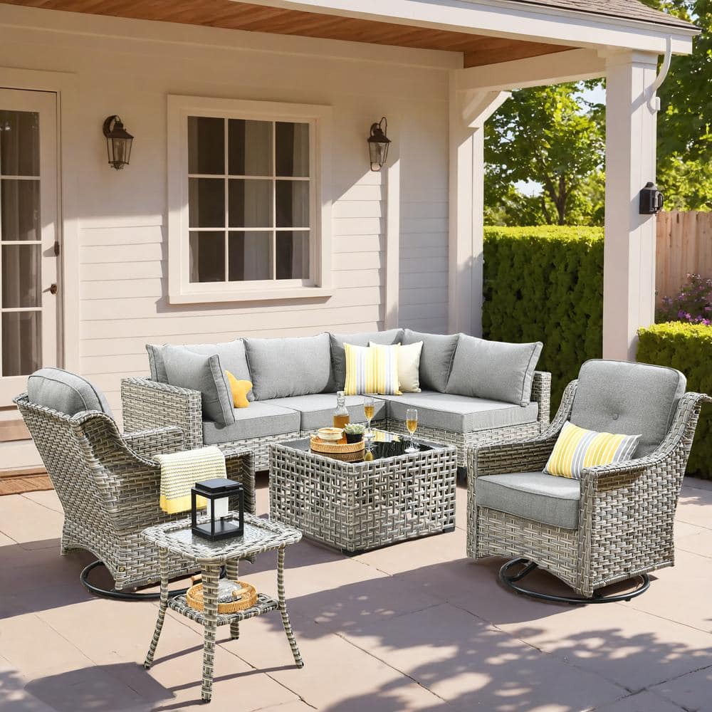 Holston 8-Piece Wicker Modern Outdoor Patio Conversation Sofa Seating Set with Swivel Chairs and Dark Grey Cushions price history on PriceWatchPro