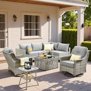 Holston 8-Piece Wicker Modern Outdoor Patio Conversation Sofa Seating Set with Swivel Chairs and Dark Grey Cushions