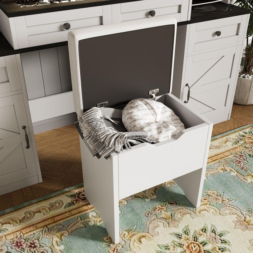2-Piece White Makeup Vanity Set with Mirror, LED Lights, Drawers, Glass Visual Desktop and Cushion Stool - thumbnail 5