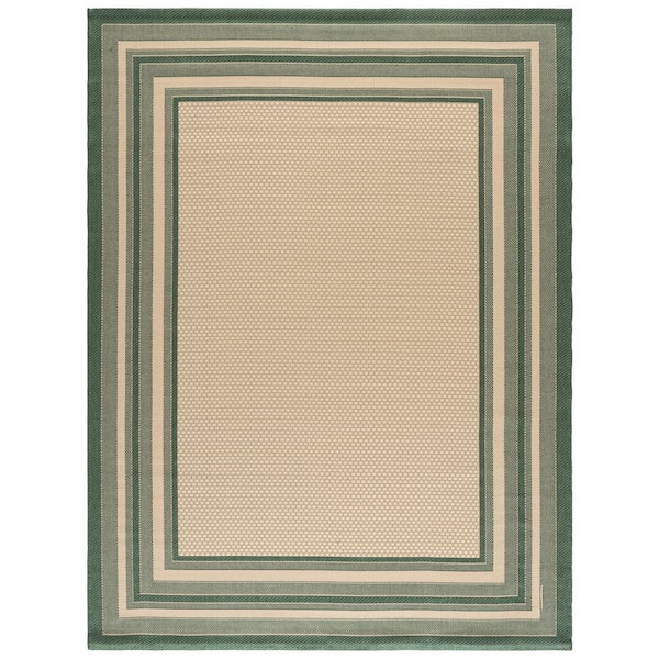 Courtyard 9 ft. x 12 ft. Beige/Dark Green Solid Color Striped Indoor/Outdoor Area Rug