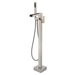 2-Handle Freestanding Waterfall Tub Faucet with Hand Shower in Brushed Nickel