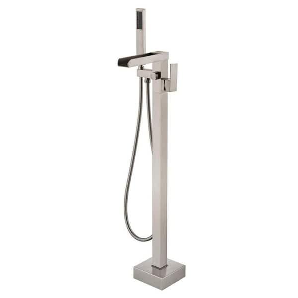 Aosspy 2-Handle Freestanding Waterfall Tub Faucet with Hand Shower in Brushed Nickel