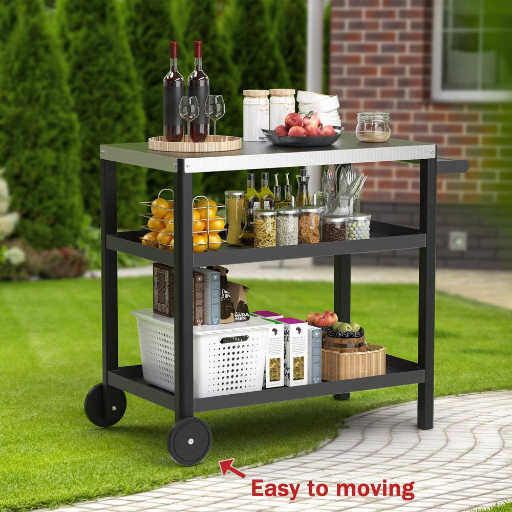 3-Shelf Black and Silver Outdoor Grill Cart with Stainless Steel Top
