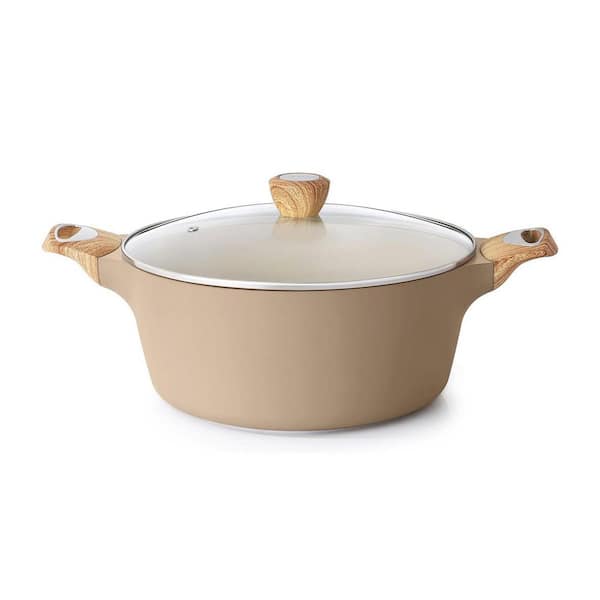 2-Piece Ceramic Nonstick Taupe Stock Pot with Glass Non-Toxic PTFE PFAS PFOA Free Induction Compatible Cooking Pot