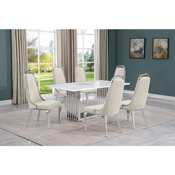Best Quality Furniture Lisa 7-Piece Rectangular White Marble Top Chrome Base Dining Set with Cream Velvet Chairs Seats 6.