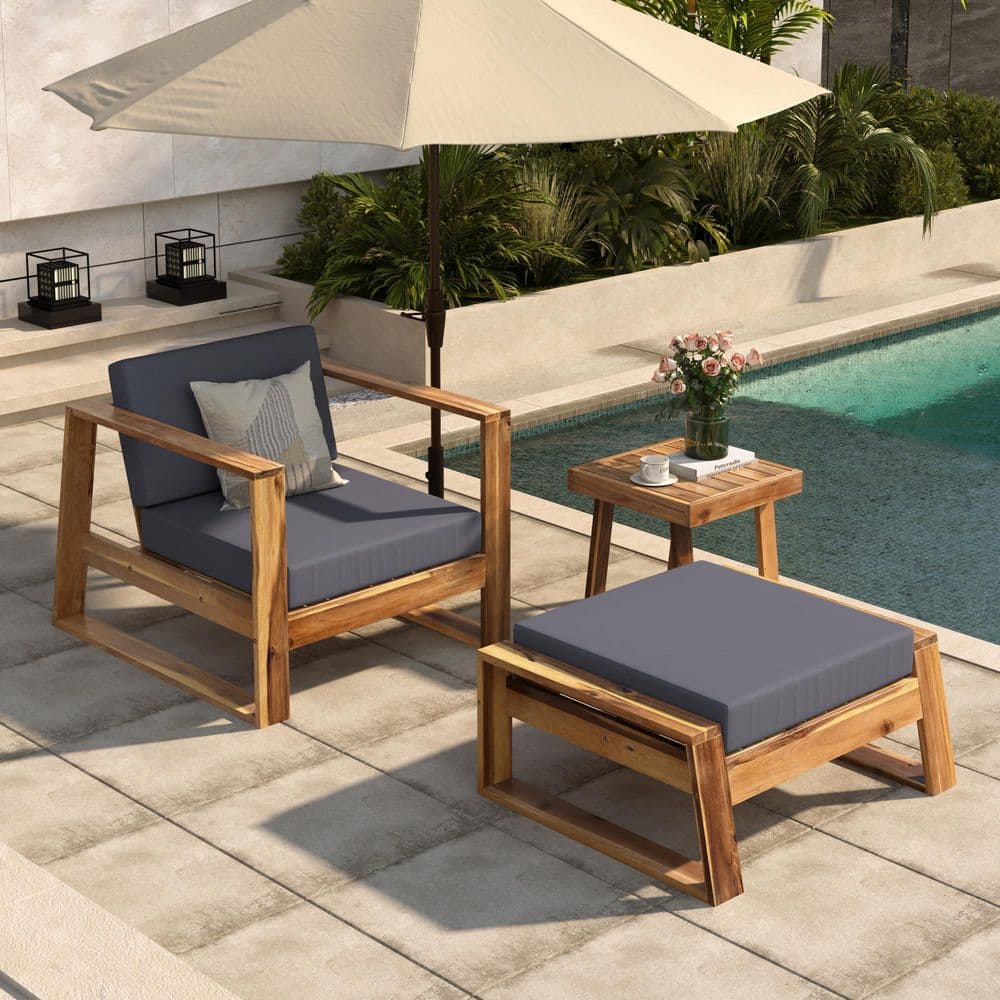 Natural Brown Acacia Wood Outdoor Lounge Chair with Gray Cushions with Otto