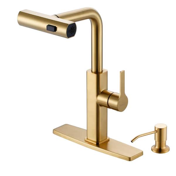 15.7 in. 360° Swivel Single Handle Stainless Steel 3-Mode Pull Down Spray Kitchen Faucet, Soap Dispenser, Brushed Gold