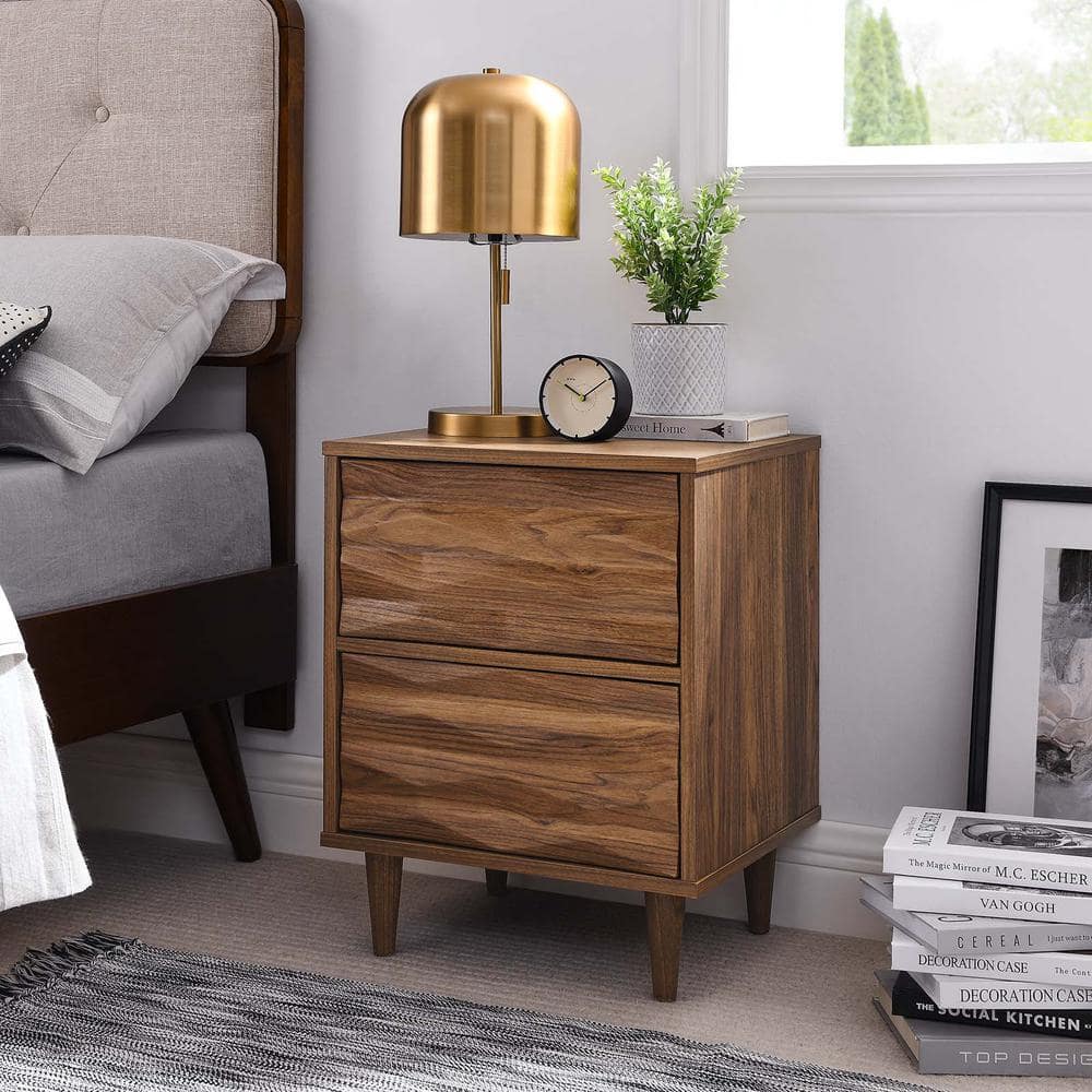 Walnut 2-Drawer Nightstand with Tapered Legs