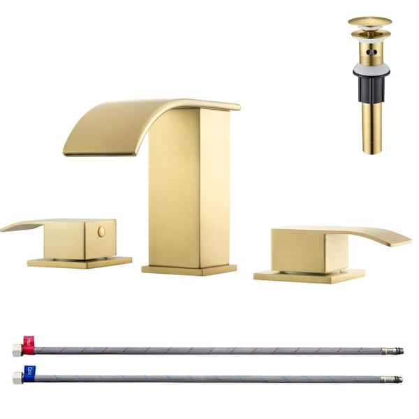 Unbranded 8 in. Widespread Double-Handle Waterfall Spout Bathroom Vessel Sink Faucet with Drain Kit Included in Brushed Gold