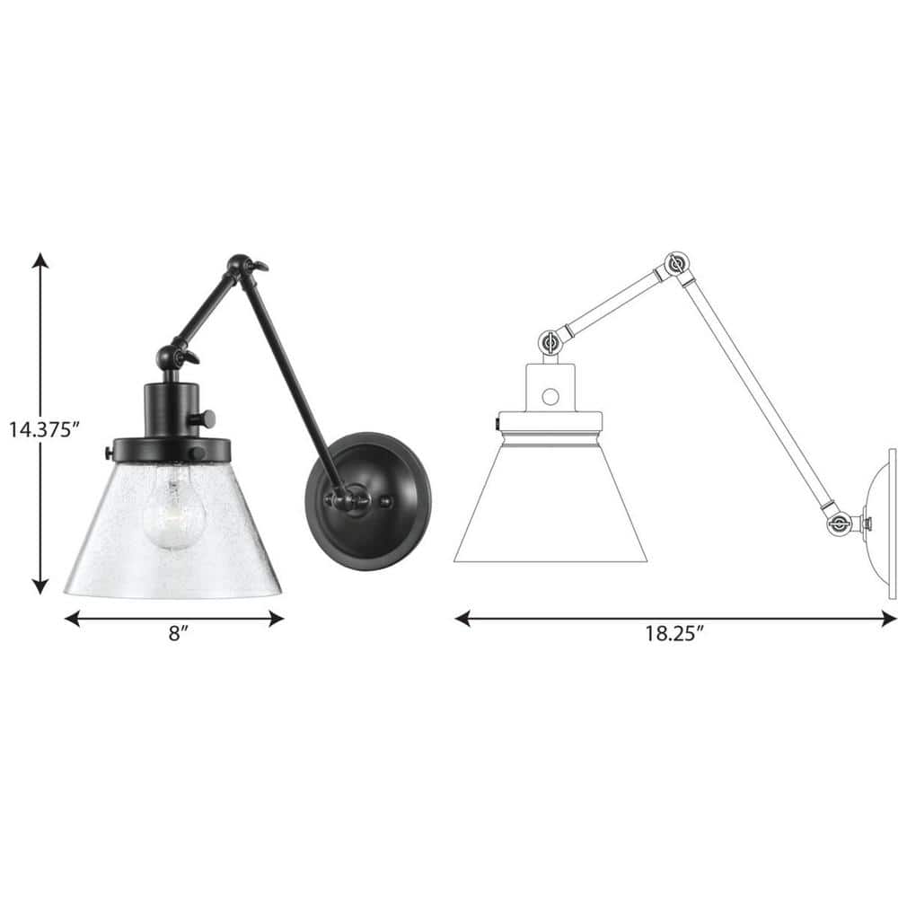Black Steel Swing Arm Wall Sconce with Seeded Glass Shade