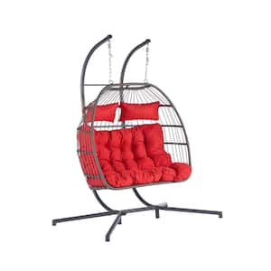 2 Person 720 lbs. Outdoor Rattan Hanging Metal Patio Chair Wicker Egg Chair with Black Stand and Red Cushions