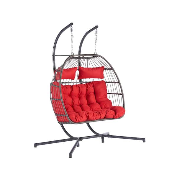 Runesay 2 Person 720 lbs. Outdoor Rattan Hanging Metal Patio Chair Wicker Egg Chair with Black Stand and Red Cushions