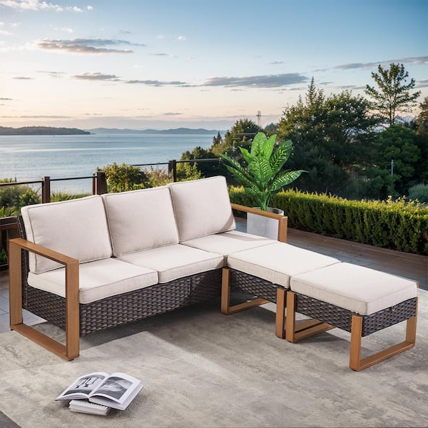 3-Piece Brown Wicker Outdoor Couch Patio Conversation Set with Olefin Beige Cushions and Ottomans