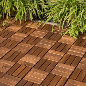 12 in. x 12 in. Checker Pattern Acacia Wood Interlocking Flooring Deck Tiles Square Outdoor Patio Brown Pack of 10 Tiles