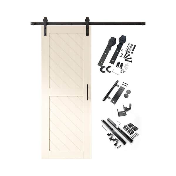 HOMACER XT2 30 in. x 80 in. C-Panel Tinsmith Gray Slanted Stripe Design Solid Pine Wood Sliding Barn Door with Hardware Kit