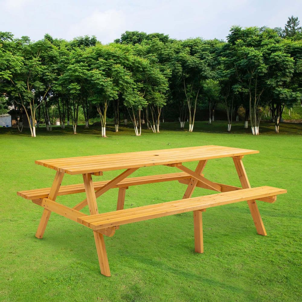 75 in. Brow Rectangle Wood Picnic Table Seats 6 People with Umbrella Hole, 