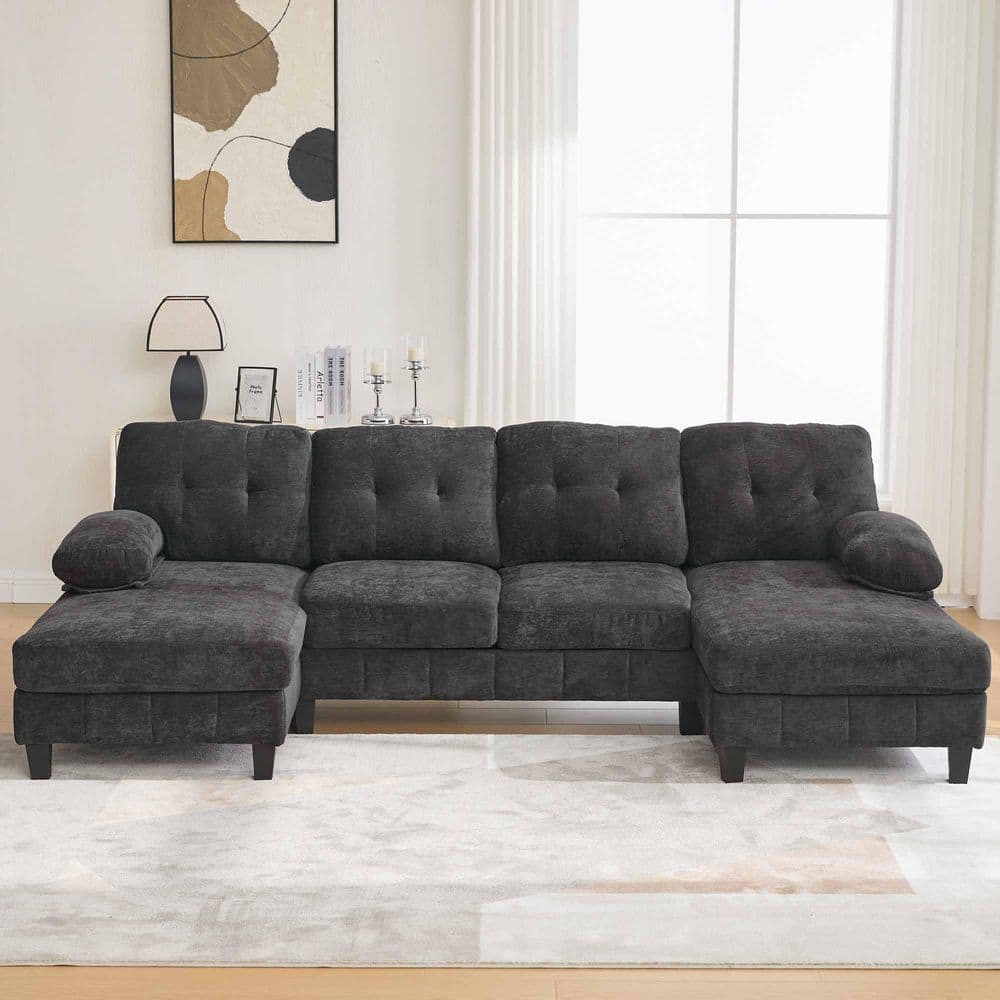 103.5 in. Round Arm Chenille Sectional Sofa with Dual Chaise Lounges, Storage Pockets and Armrest Pillows in. Black