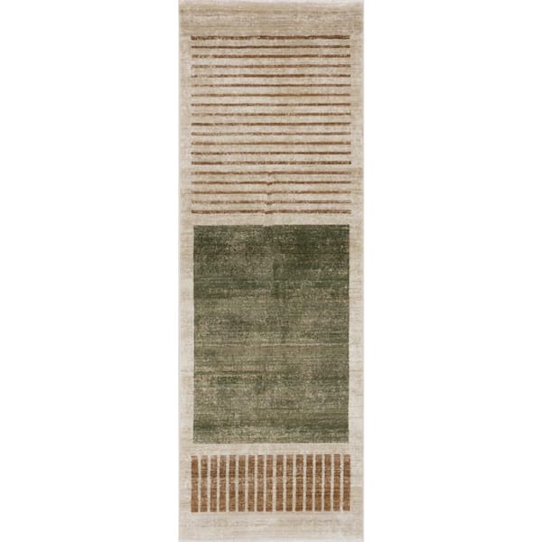 Keeva Modern Striped Fringe Area Green 3 ft. x 8 ft. Indoor Runner Rug