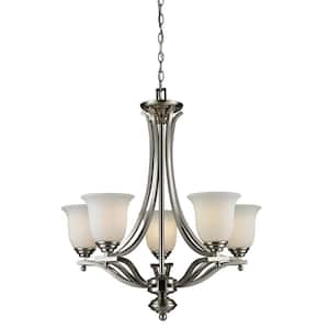Lagoon 5-Light Brushed Nickel Indoor Shaded Chandelier with  Matte Opal Glass Shade with No Bulb Included