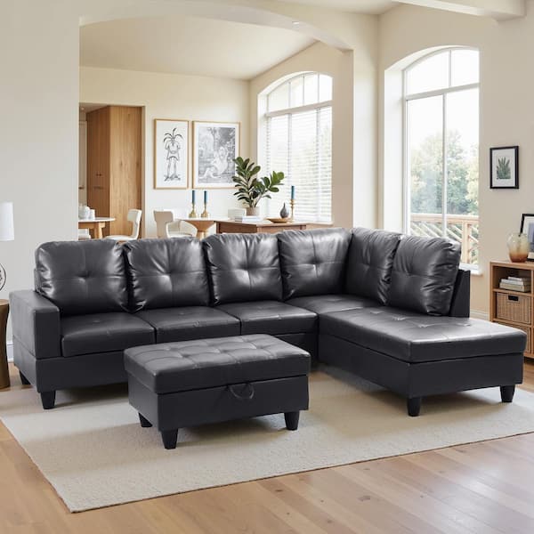 104 in. Straight Arm 3-Piece Luxury Leather L-Shaped Sectional Sofa Set in. Black, Modern Couches with Storage Ottoman