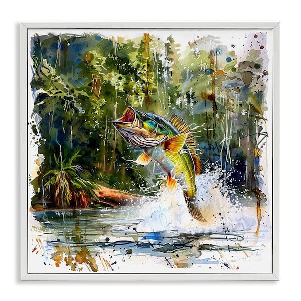 Stupell Industries Jumping Bass Splash by LSR Design Studio White Framed Animal Giclee Art Print 24 in. x 24 in.