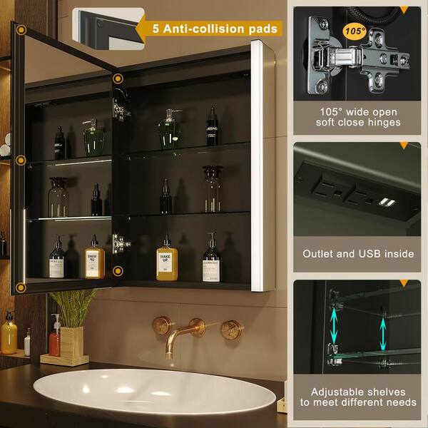 Kleankin LED Bathroom Mirror Cabinet – Wall Mount, High Gloss Black, 6 Shelves