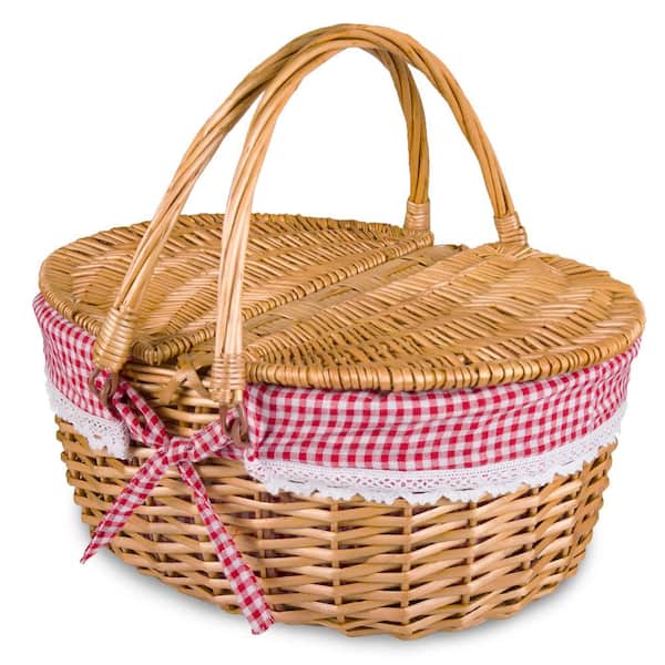 Red Check Woven Wicker Willow Picnic Basket with Lid, Handle and Washable Plaid Liner for Park and Beach