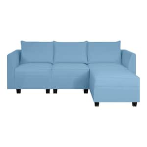 Contemporary Reversible Linen Sectional Sofa Couch with Chaise L-Shaped Modular Convertible Sofa in Robin Egg Blue