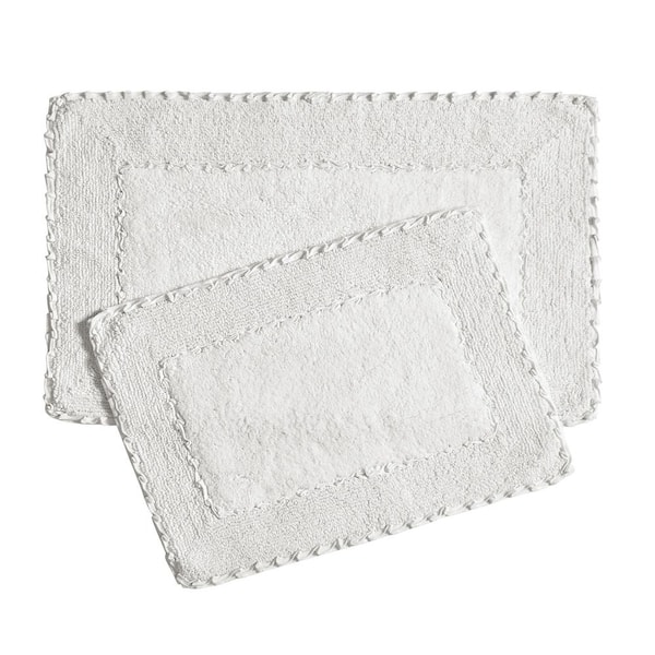 Laura Ashley 17 in. x 24 in. and 20 in. x 32 in. White Ruffle Cotton Bath Rug Set (2-Piece)