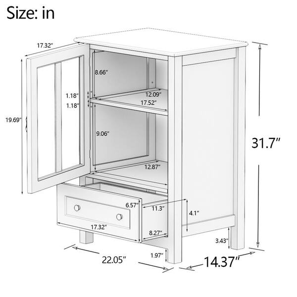 22.05 in. W x 14.37 in. D x 31.69 in. H Buffet Storage Cabinet with Single Glass Doors and Unique Bell Handle in White