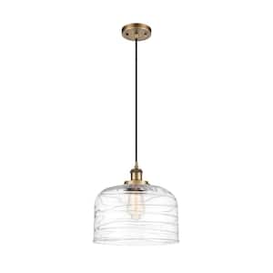 Bell 1-Light Brushed Brass Bowl Pendant Light with Clear Deco Swirl Glass Shade