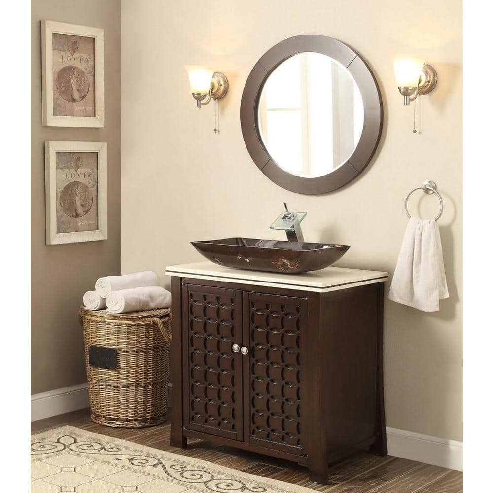 Espresso Wood Freestanding Bathroom Vanity with Cream Marble Top and Vessel Sink
