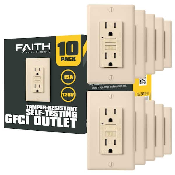 Faith 15-Amp 125-Volt GFCI Duplex Tamper Resistant Outlet, GFI Receptacle with Indicator Light and Wall Plate, Ivory (10-Pack)