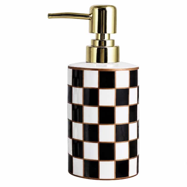 Ceramic Soap Dispenser with Grid Pattern in Black and Gold Accents for Bathroom and Kitchen
