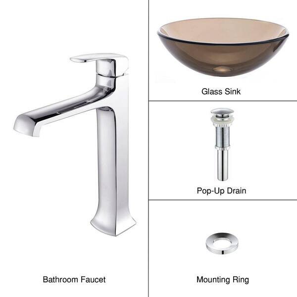 KRAUS Vessel Sink in Clear Glass Brown with Decorum Faucet in Chrome