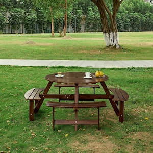 70.08 in. Brown Wood Round Picnic Tables Seats 8 People with 4 Built-in Benches and Umbrella Hole