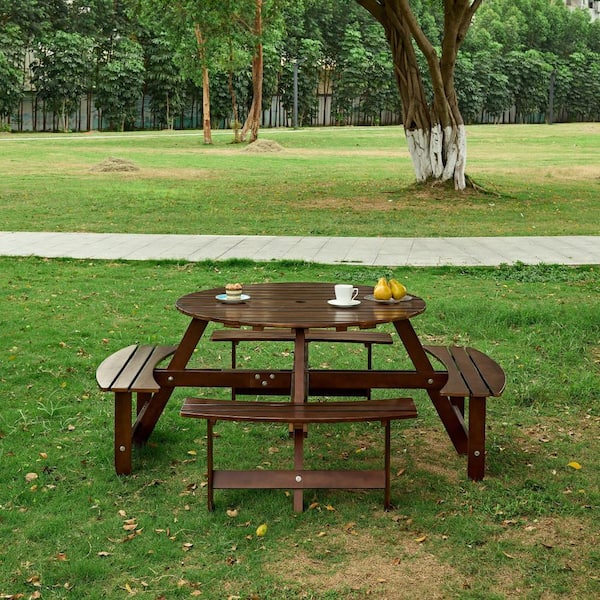 Cesicia 70.08 in. Brown Wood Round Picnic Tables Seats 8 People with 4 Built-in Benches and Umbrella Hole