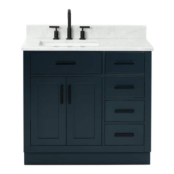 Hepburn 36 in. W x 22 in. D x 25.25. H Bath Vanity in Midnight Blue with Carrara Marble Vanity Top with White Basin
