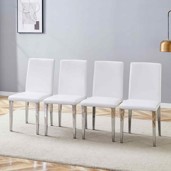 Polibi White/Silver PU Leather Metal Frame Dining Chairs Set of 4