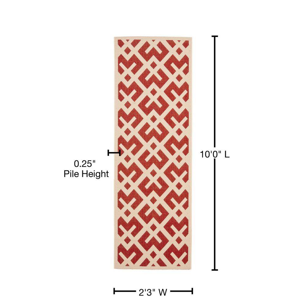 Red and Bone Geometric Low Pile Indoor/Outdoor Runner Rug