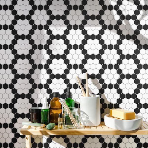 Merola Tile Metro 1 in. Hex Matte White with Black Honeycomb 10-1