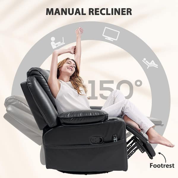 Homcom Vibration Massage Recliner Chair with Heat, Oversized Swivel Rocker, PU Manual Reclining Chair with Footrest, Remote, Pockets, Black